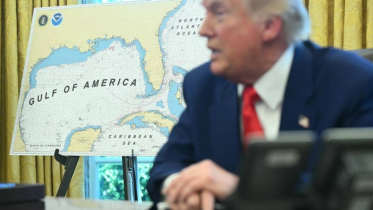 Trump in Oval Office with 'Gulf of America' sign