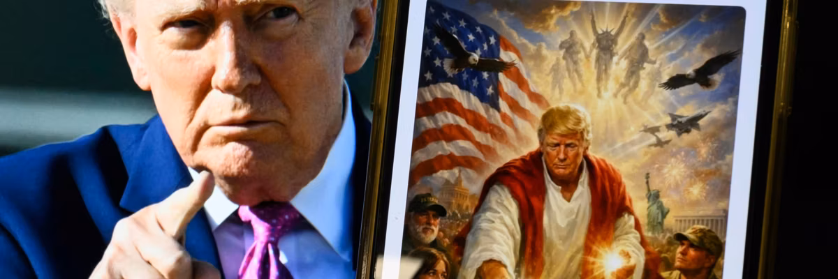 Trump is shown next to an AI-generated image of him as Jesus.