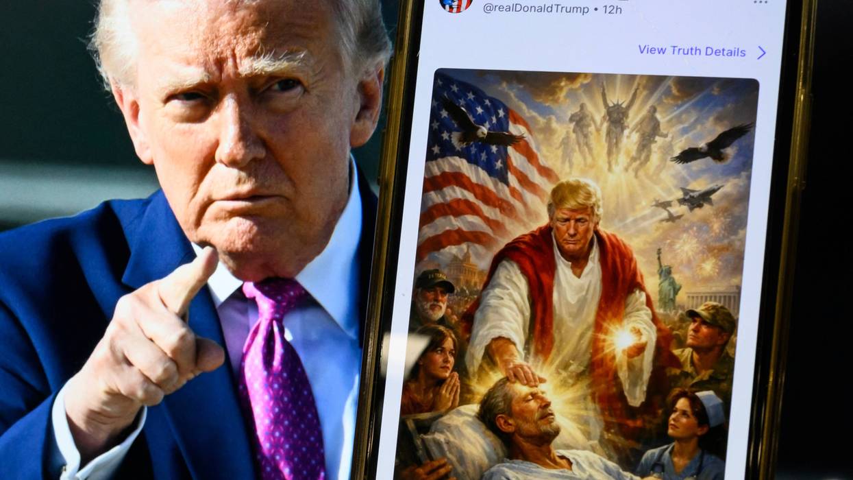 Trump is shown next to an AI-generated image of him as Jesus.