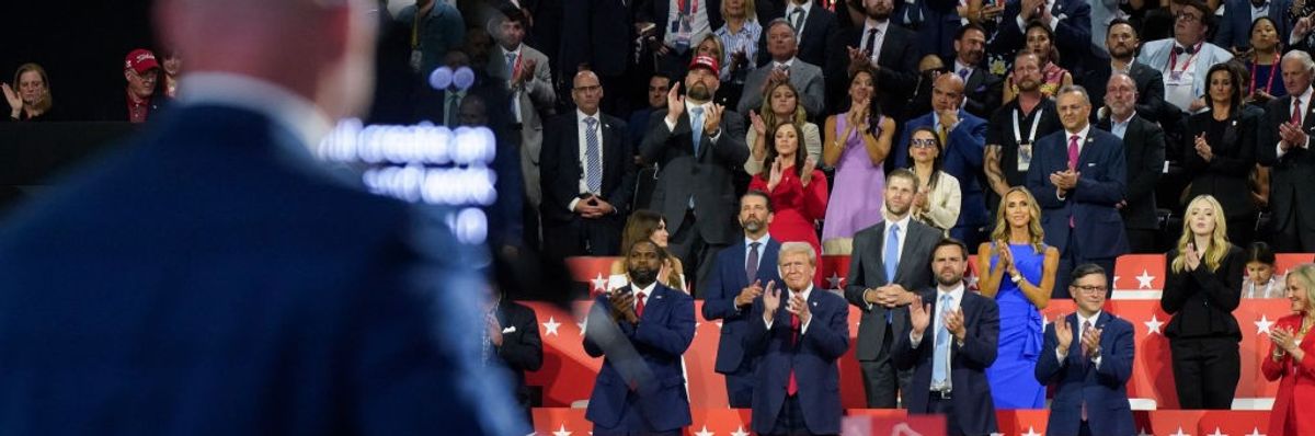 Trump looks on as Sean O'Brien speaks at RNC
