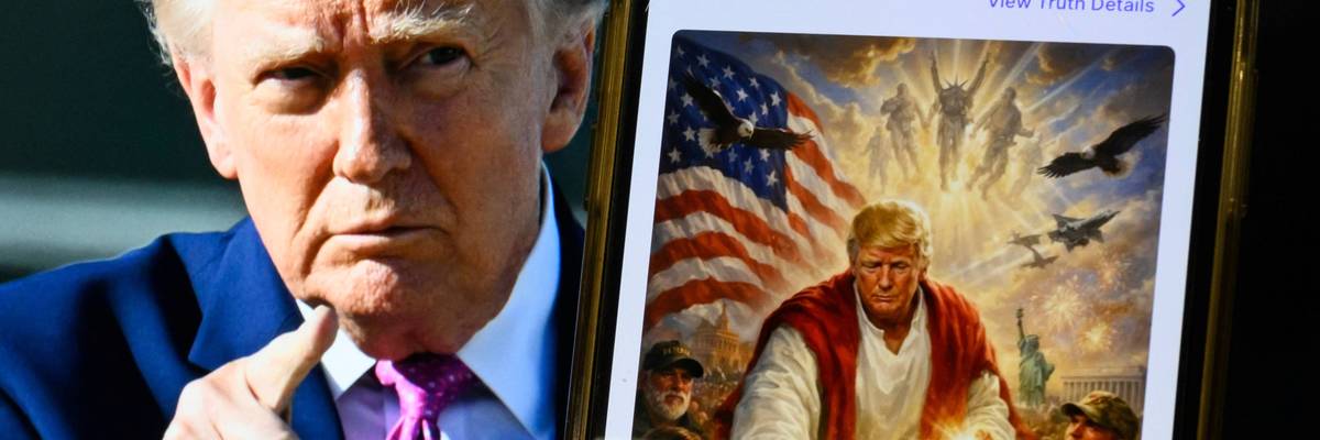 Trump next to an AI image of him as Jesus.
