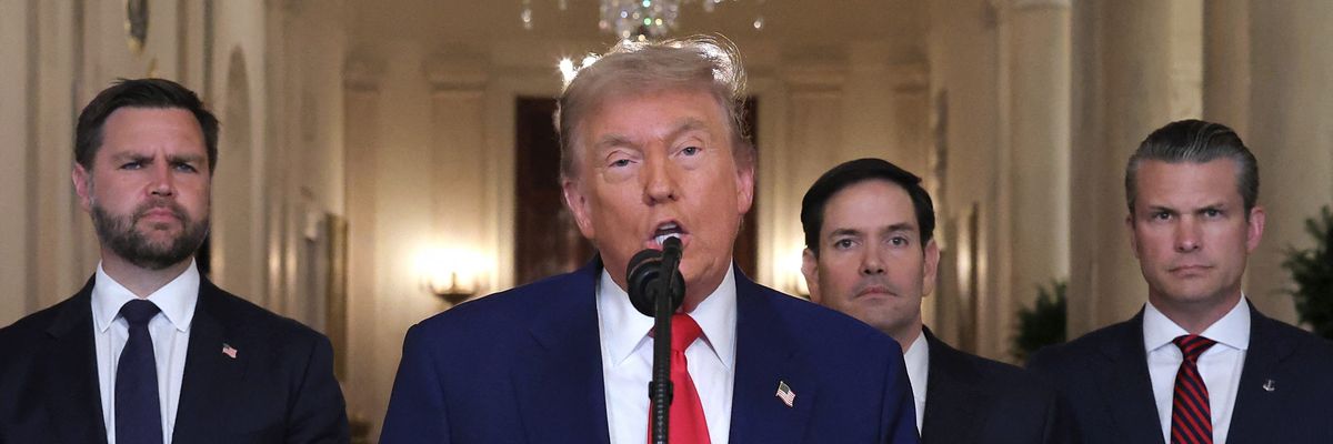 Trump speaks flanked by Vance, Rubio, and Hegseth.