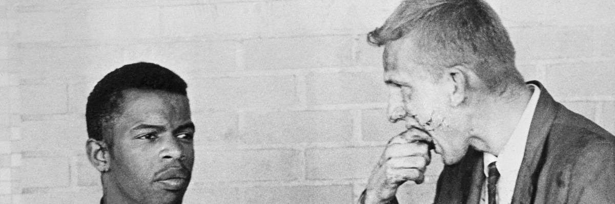 Two blood-splattered Freedom Riders, John Lewis (1940 - 2020) and James Zwerg, stand together after being attacked and beaten by pro-segregationists in Montgomery, Alabama, on May 20, 1961. (Photo: Bettmann via Getty Images)