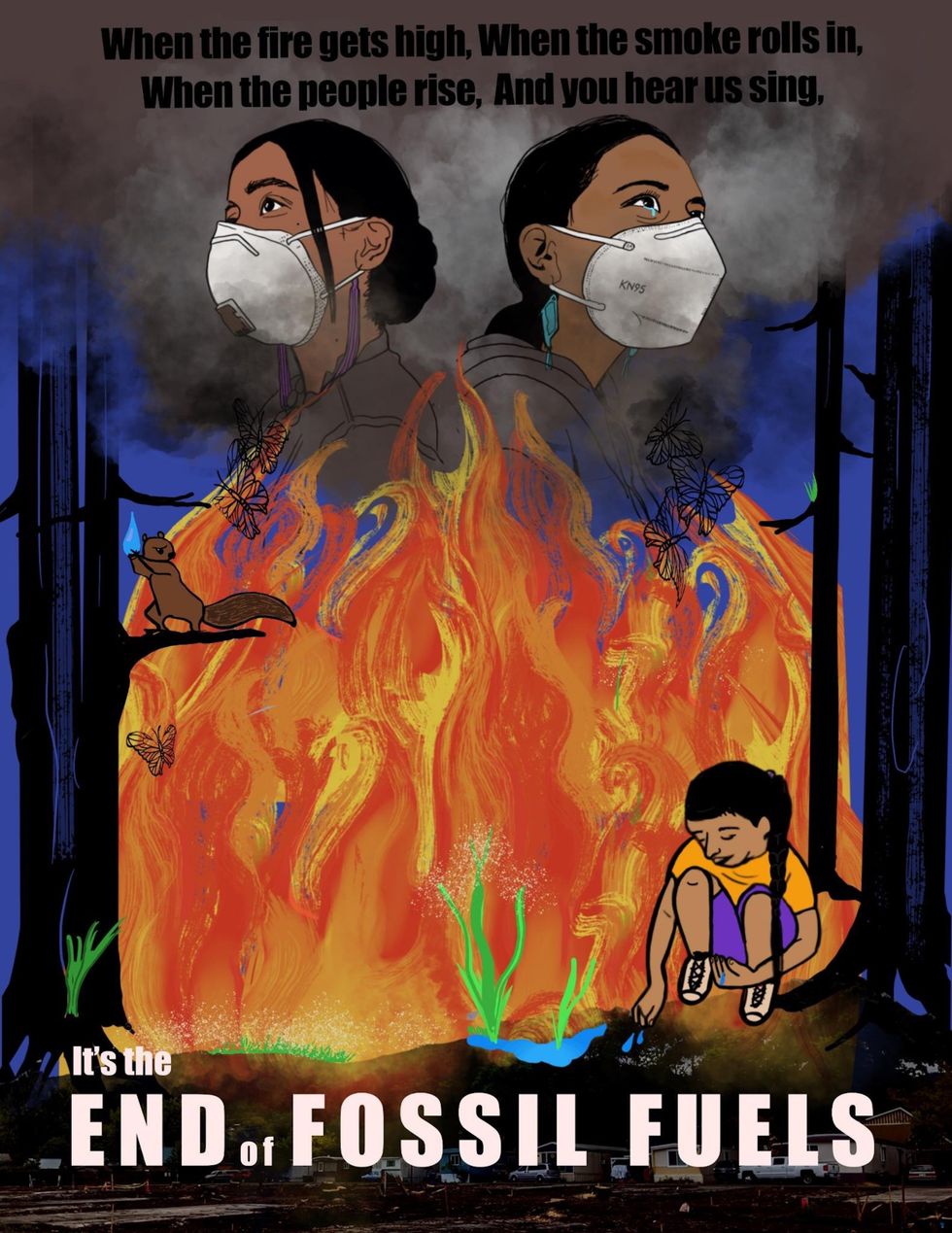 Two figures in face masks stand above flames while another huddles in the corner.