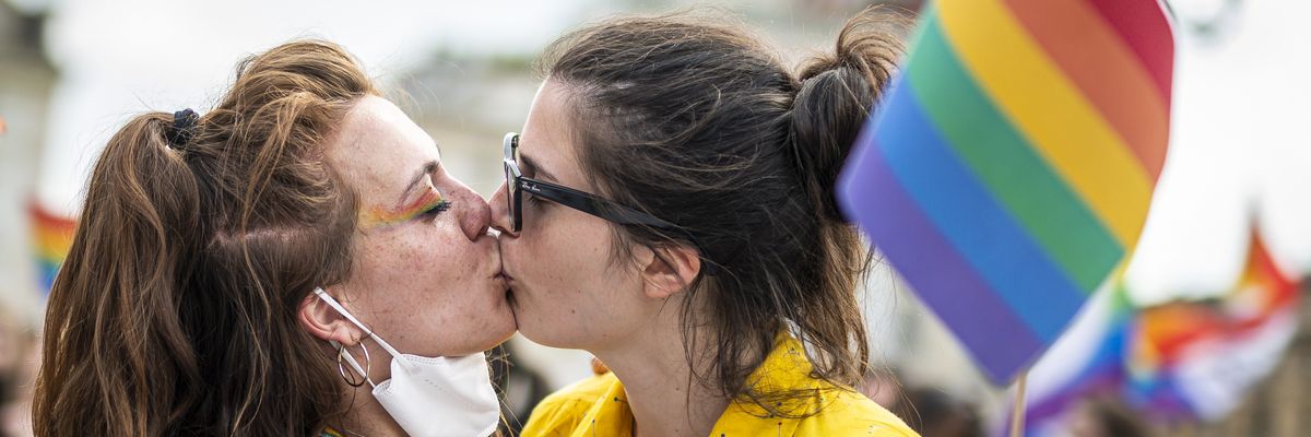 Two people kiss during an LGBTQ+ rights demonstration in Turin, Italy on June 5, 2021.