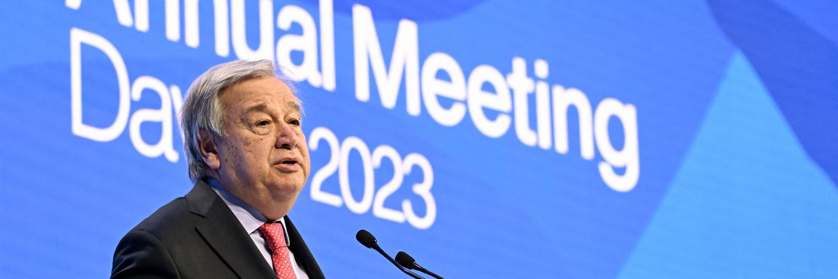 U.N. Secretary-General Antonio Guterres delivers a speech at Davos