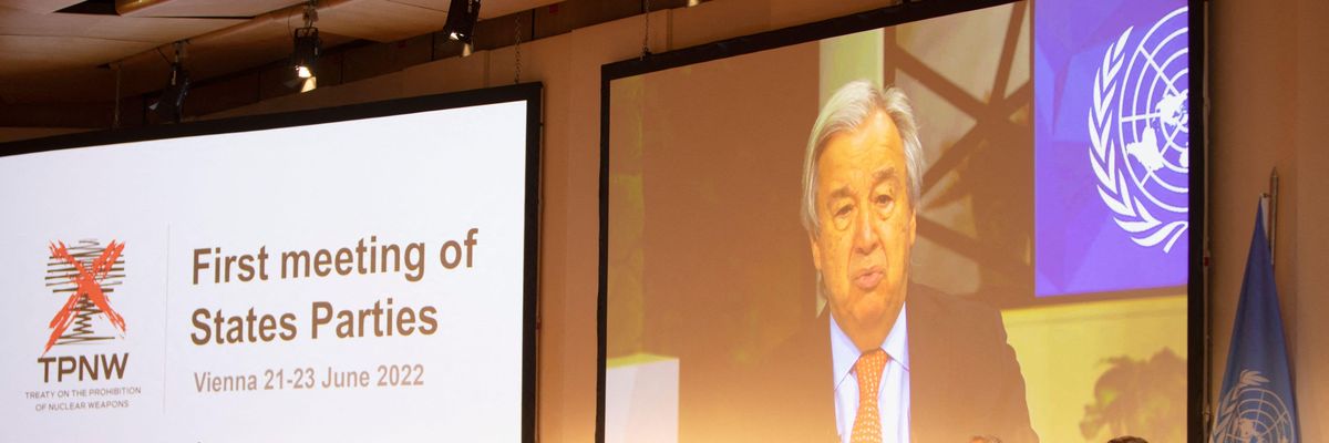 U.N. Secretary-General António Guterres speaks during the Treaty on the Prohibition of Nuclear Weapons' first Meeting of States Parties in Vienna, Austria, on June 21, 2022.