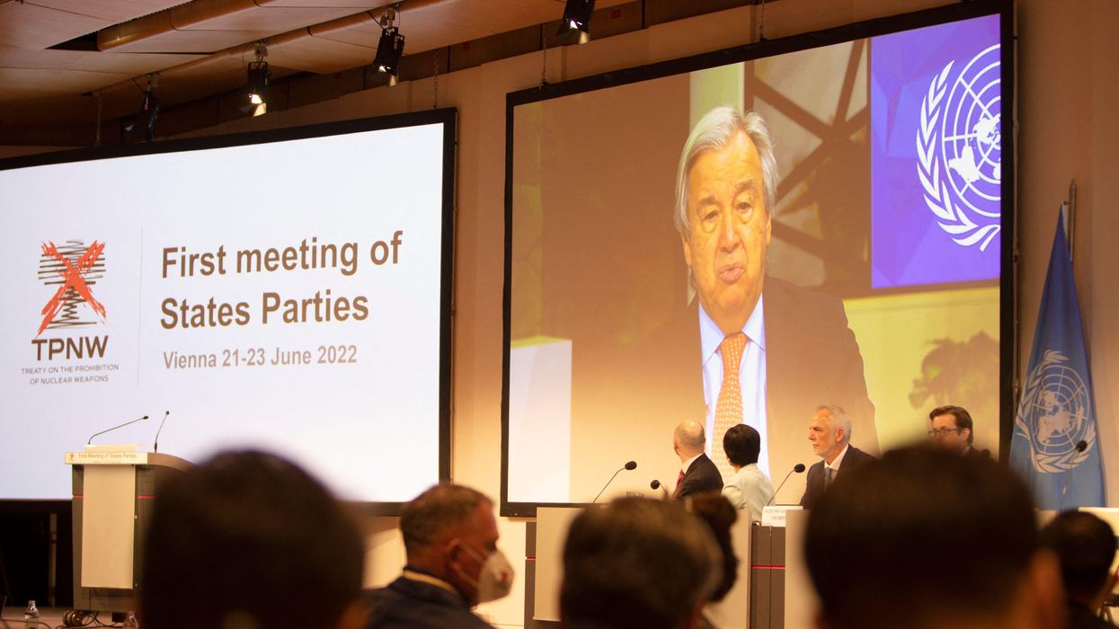 U.N. Secretary-General António Guterres speaks during the Treaty on the Prohibition of Nuclear Weapons'  first Meeting of States Parties in Vienna, Austria, on June 21, 2022.
