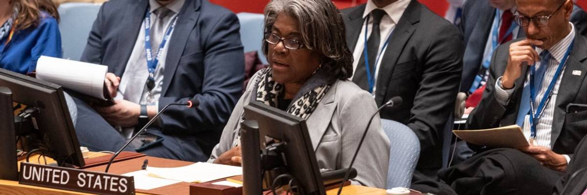 U.S. Ambassador Linda Thomas-Greenfield speaks during a U.N. Security Council meeting in New York City on February 20, 2023.