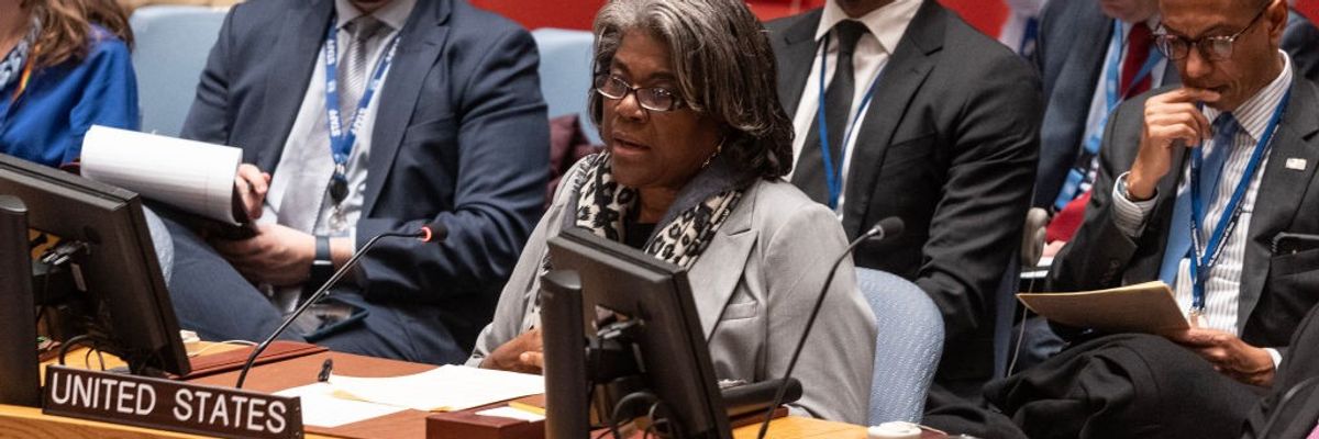U.S. Ambassador Linda Thomas-Greenfield speaks during a U.N. Security Council meeting in New York City on February 20, 2023.