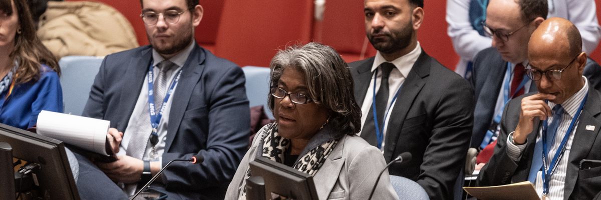 U.S. Ambassador Linda Thomas-Greenfield speaks during a U.N. Security Council meeting in New York City on February 20, 2023.