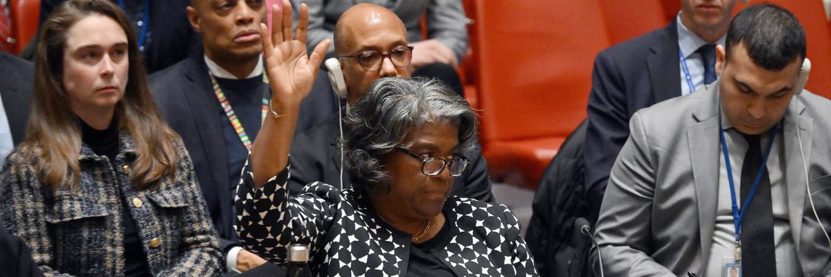 U.S. Ambassador to the U.N. Linda Thomas-Greenfield raises her hand to veto a cease-fire resolution.