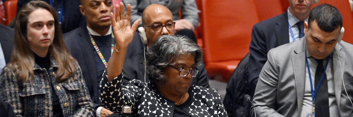 U.S. Ambassador to the U.N. Linda Thomas-Greenfield raises her hand to veto a cease-fire resolution.