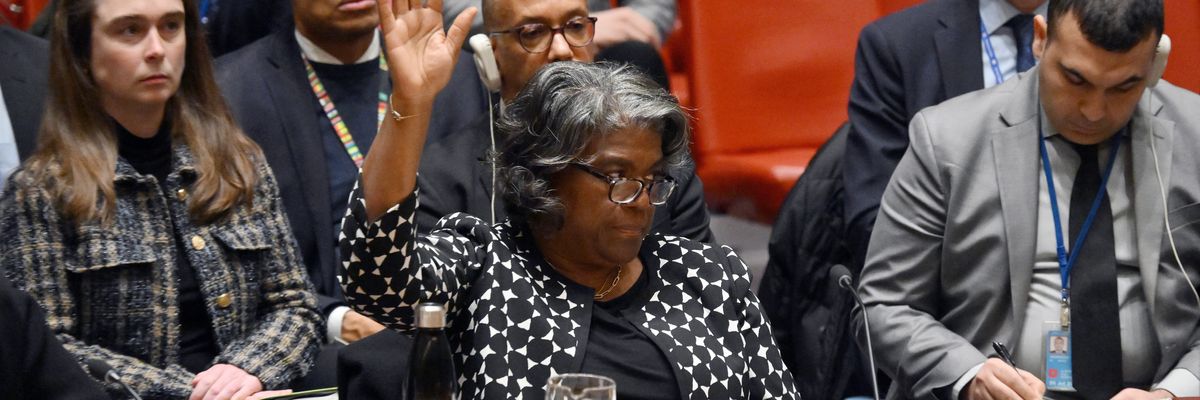 U.S. Ambassador to the U.N. Linda Thomas-Greenfield raises her hand to veto a cease-fire resolution.