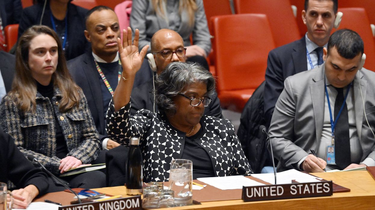 U.S. Ambassador to the U.N. Linda Thomas-Greenfield raises her hand to veto a cease-fire resolution.