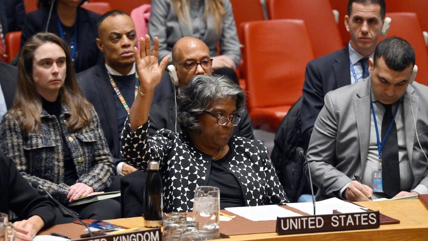 U.S. Ambassador to the U.N. Linda Thomas-Greenfield raises her hand to veto a cease-fire resolution.