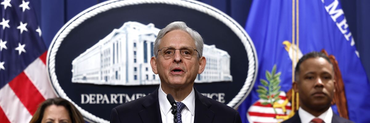 ​U.S. Attorney General Merrick Garland delivers remarks alongside Deputy Attorney General Lisa Monaco and Assistant Attorney General Kenneth Polite at the U.S. Department of Justice on November 18, 2022 in Washington, D.C.