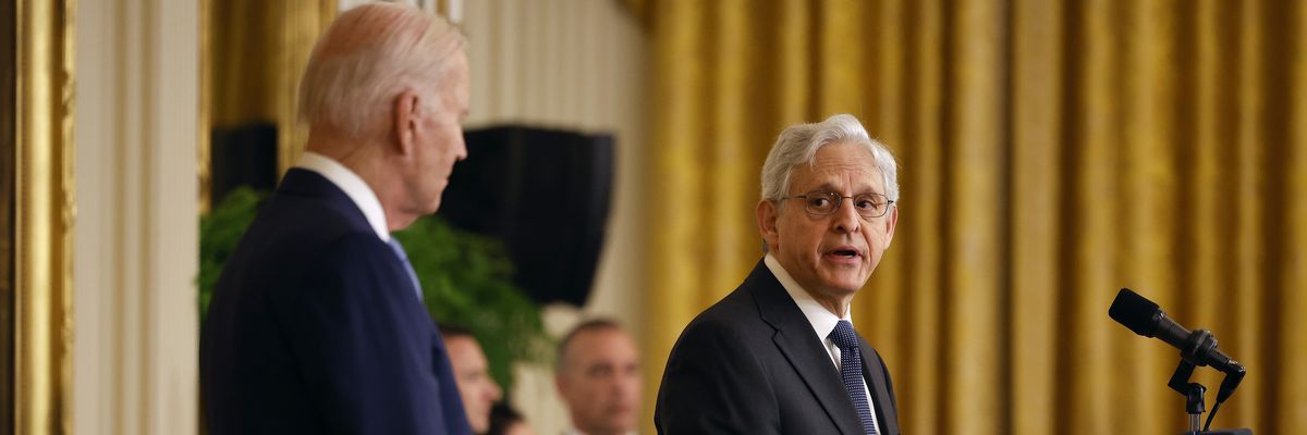 U.S. Attorney General Merrick Garland delivers remarks before introducing President Joe Biden during a ceremony in the East Room of the White House in Washington, D.C. on May 17, 2023.