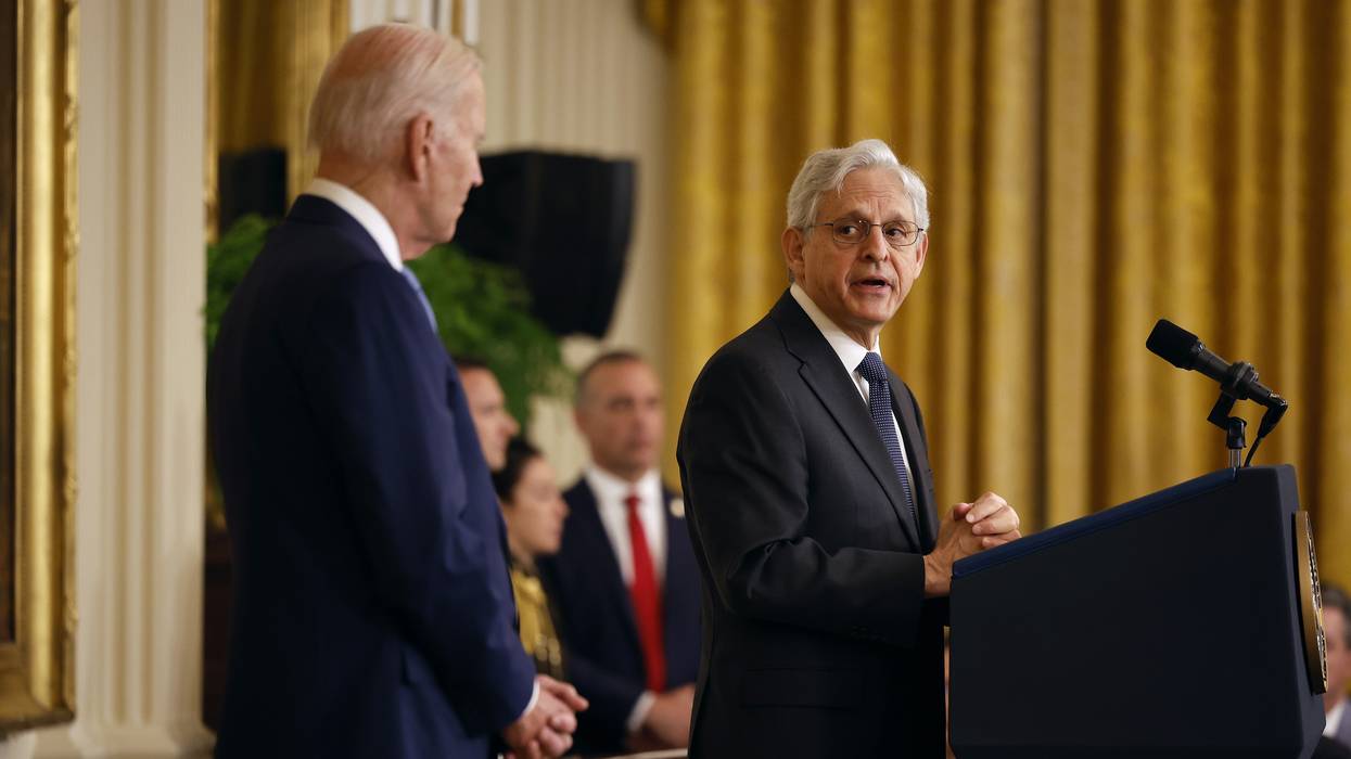 U.S. Attorney General Merrick Garland delivers remarks before introducing President Joe Biden during a ceremony
