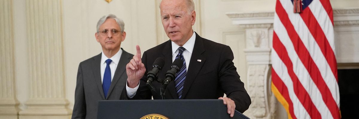 U.S. Attorney General Merrick Garland looks on as President Joe Biden speaks at the White House on June 23, 2021.