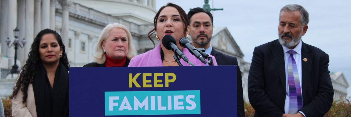 U.S. Congresswoman Delia Ramirez speaks outside Congress