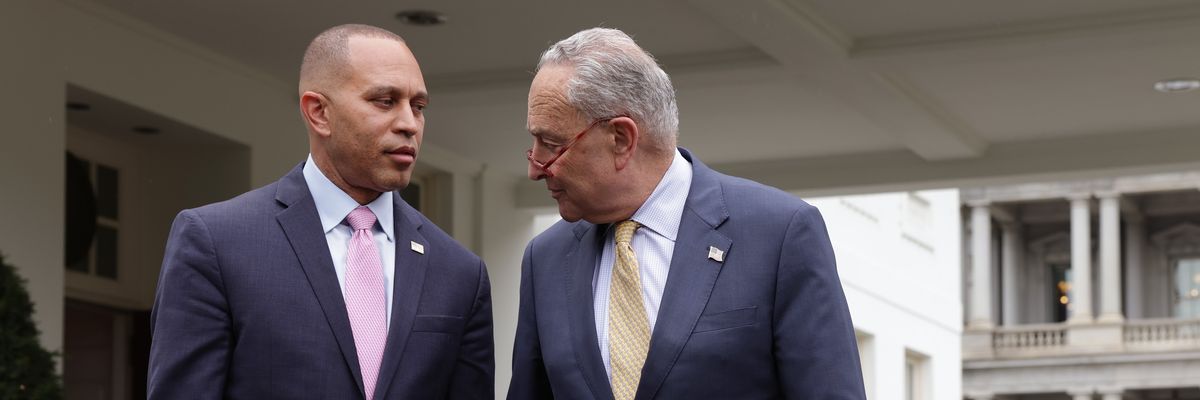 U.S. House Minority Leader Hakeem Jeffries (D-N.Y.) and Senate Majority Leader Charles Schumer (D-N.Y.) walk to speak to reporters after meeting with President Joe Biden and GOP congressional leaders at the White House in Washington, D.C. on May 16, 2023.