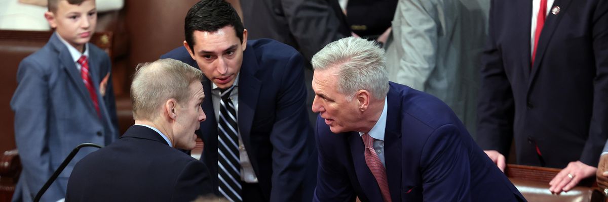U.S. House Minority Leader Kevin McCarthy (R-Calif.) talks to Rep. Jim Jordan (R-Ohio)