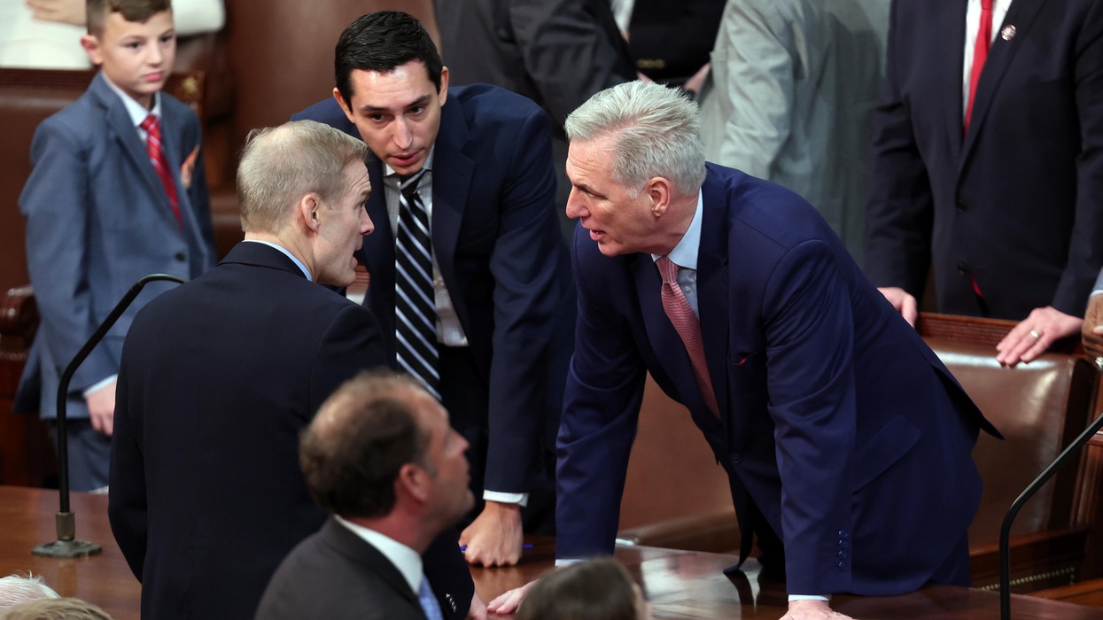 U.S. House Minority Leader Kevin McCarthy (R-Calif.) talks to Rep. Jim Jordan (R-Ohio)