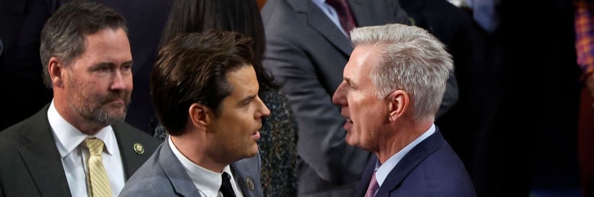 U.S. House Republican Leader Kevin McCarthy (R-CA) (L) talks to Rep.-elect Matt Gaetz