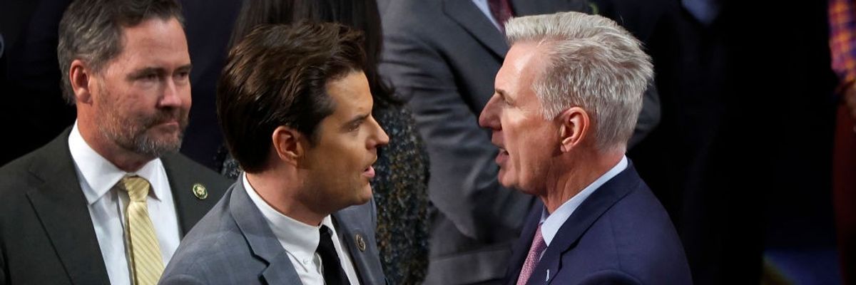 U.S. House Republican Leader Kevin McCarthy (R-CA) (L) talks to Rep.-elect Matt Gaetz.