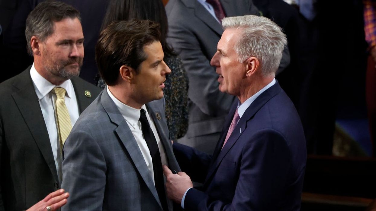U.S. House Republican Leader Kevin McCarthy (R-CA) (L) talks to Rep.-elect Matt Gaetz