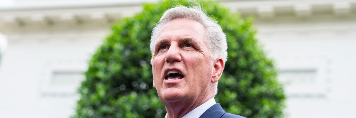 U.S. House Speaker Kevin McCarthy (R-Calif.) addresses the media after meeting with President Joe Biden about the debt ceiling at the White House on May 16, 2023.