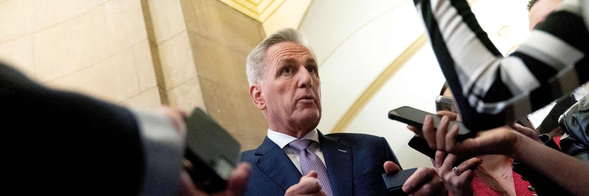 U.S. House Speaker Kevin McCarthy (R-Calif.) speaks to reporters on Capitol Hill in Washington, D.C., on April 19, 2023.