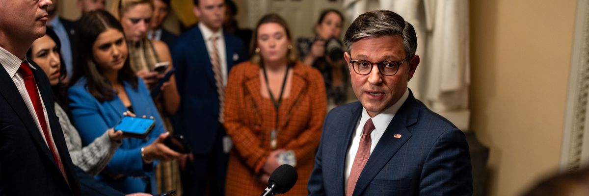 U.S. House Speaker Mike Johnson (R-La.) talks to reporters