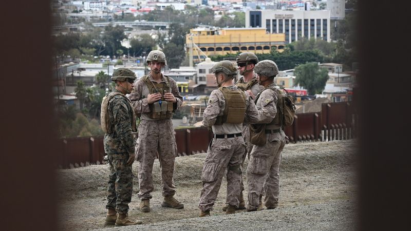 U.S. Marine Corps troops at U.S.-Mexico border near San Diego, California.