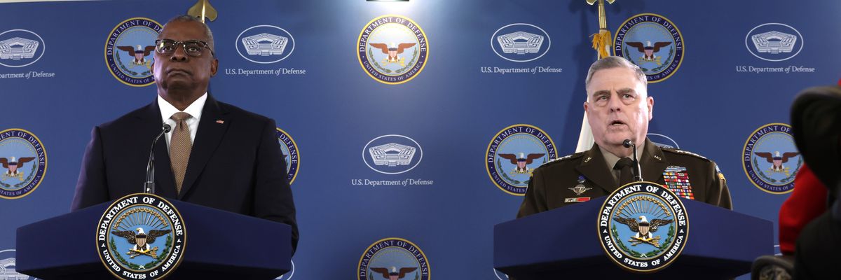 U.S. Pentagon Secretary Lloyd Austin and Chairman of the Joint Chiefs of Staff Army Gen. Mark Milley attend a press conference