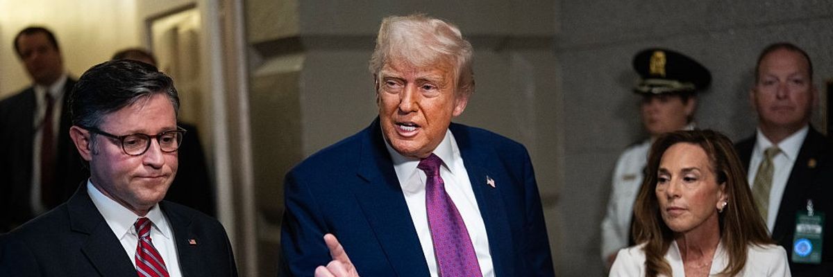 U.S. President Donald Trump, House Speaker Mike Johnson (R-La.), and House Republican Conference Chair Lisa McClain
