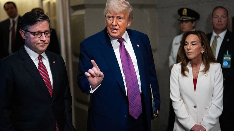 U.S. President Donald Trump, House Speaker Mike Johnson (R-La.), and House Republican Conference Chair Lisa McClain