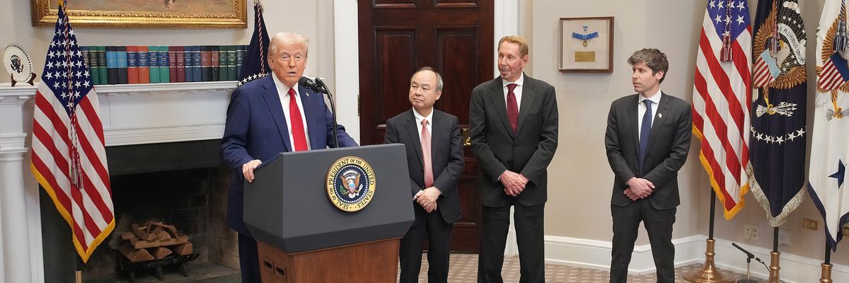 U.S. President Donald Trump, SoftBank CEO Masayoshi Son, Oracle CTO Larry Ellison, and OpenAI CEO Sam Altman