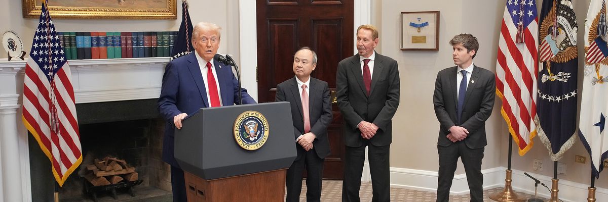 U.S. President Donald Trump, SoftBank CEO Masayoshi Son, Oracle CTO Larry Ellison, and OpenAI CEO Sam Altman