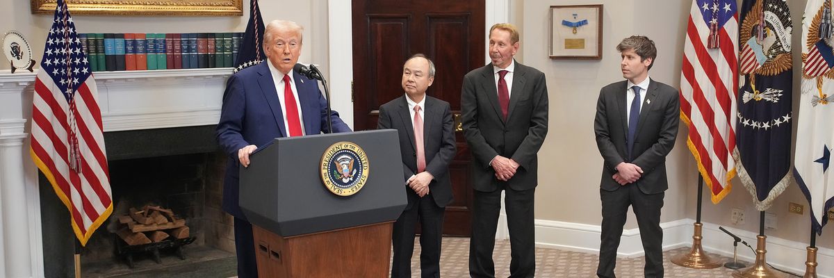 U.S. President Donald Trump, SoftBank CEO Masayoshi Son, Oracle CTO Larry Ellison, and OpenAI CEO Sam Altman