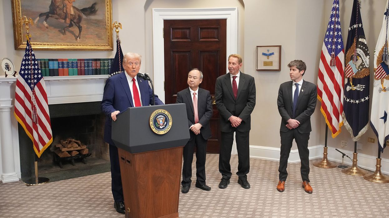 U.S. President Donald Trump, SoftBank CEO Masayoshi Son, Oracle CTO Larry Ellison, and OpenAI CEO Sam Altman