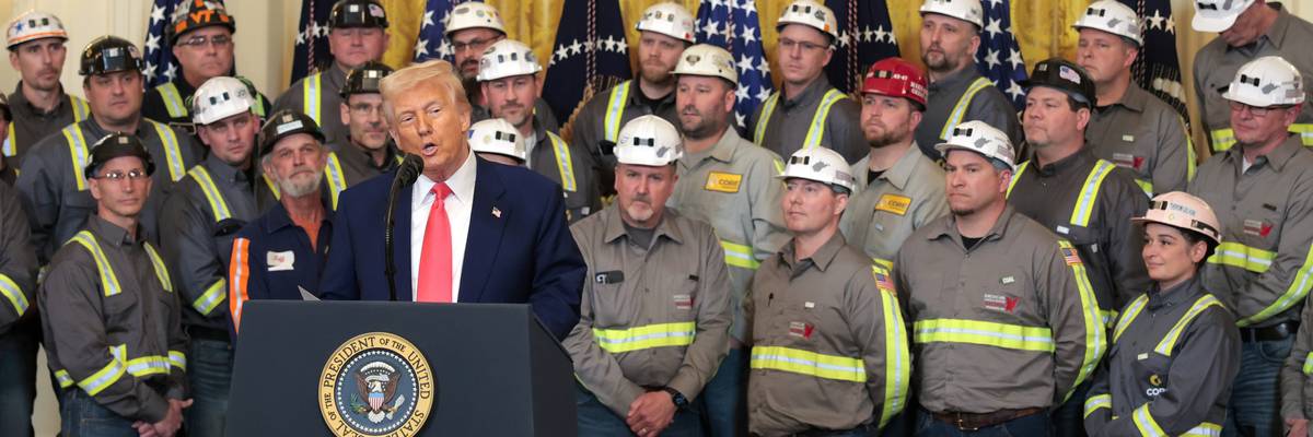 U.S. President Donald Trump speaks alongside coal and energy workers