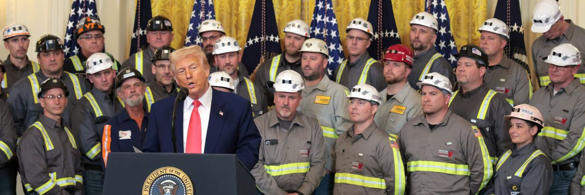 U.S. President Donald Trump speaks alongside coal and energy workers