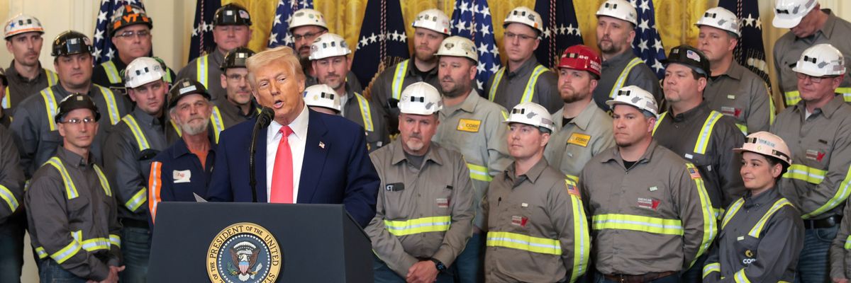 U.S. President Donald Trump speaks alongside coal and energy workers