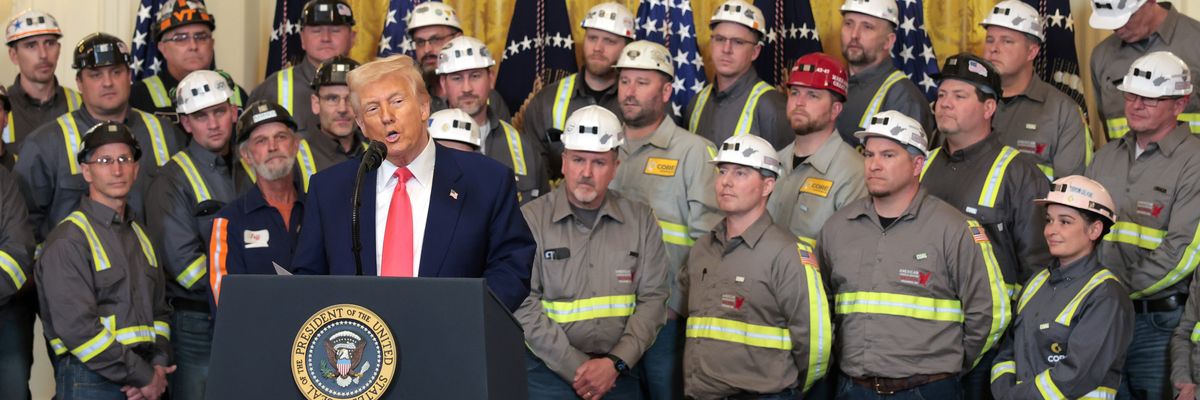 U.S. President Donald Trump speaks alongside coal and energy workers