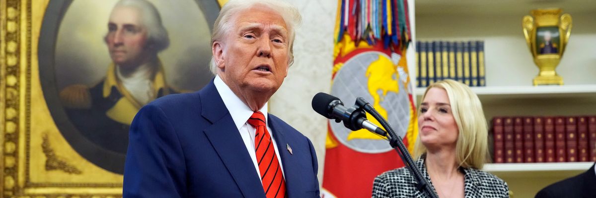 U.S. President Donald Trump speaks alongside newly confirmed Attorney General Pam Bondi