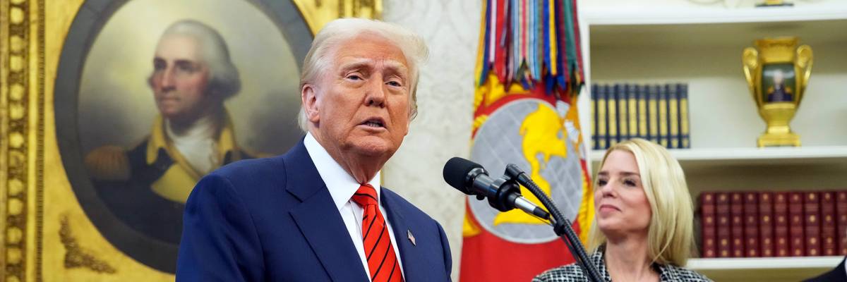 U.S. President Donald Trump speaks alongside newly confirmed Attorney General Pam Bondi