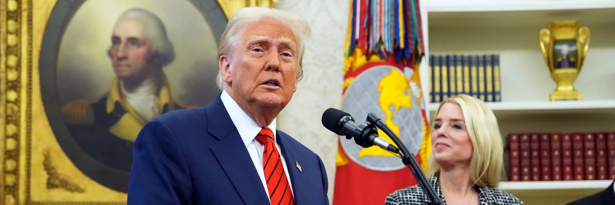 U.S. President Donald Trump speaks alongside newly confirmed Attorney General Pam Bondi