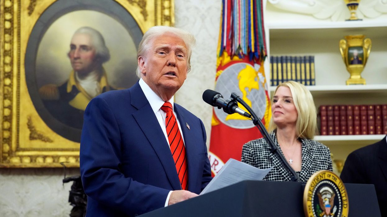 U.S. President Donald Trump speaks alongside newly confirmed Attorney General Pam Bondi